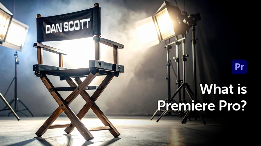image of a movie director chair with dan scott’s name on it introducing what is premiere pro