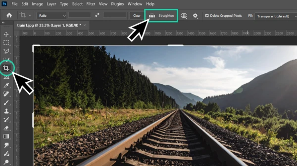 straighten feature highlighted in the crop tool options bar in photoshop