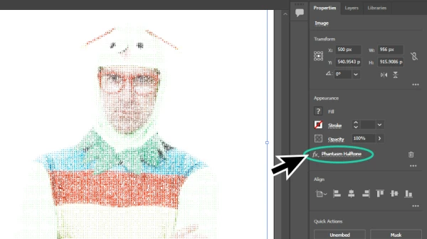 phantasm halftone effect highlighted in the properties panel in illustrator