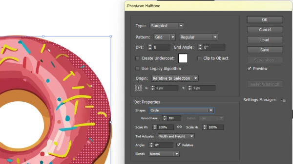 phantasm halftone effect applied to vector donut frosting detail in illustrator