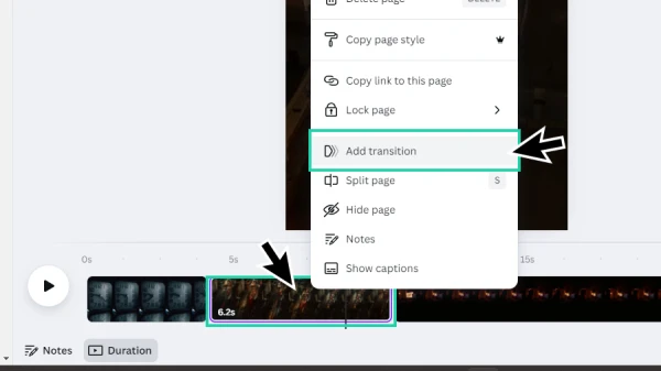 add transition option highlighted on video clip pop up menu in canva