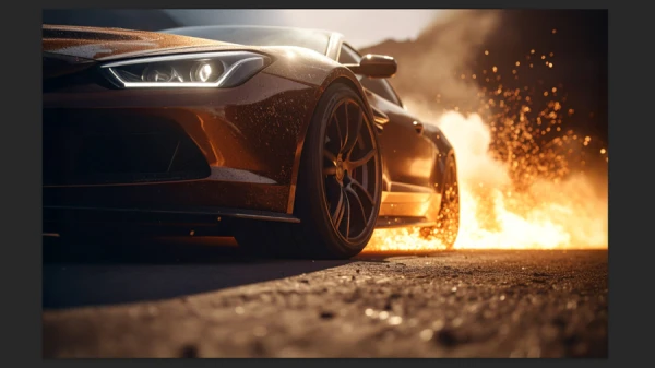 image of a cinematic car chase with a levelled horizon line in photoshop