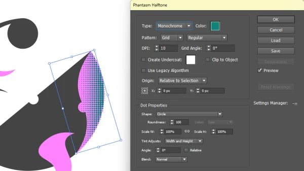 phantasm halftone effect applied to gradient filled element in illustrator