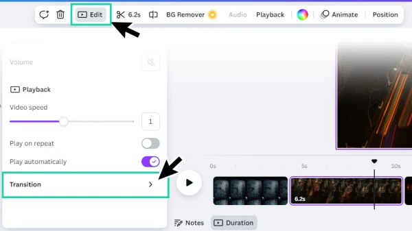 accessing transition option from the page edit panel in canva