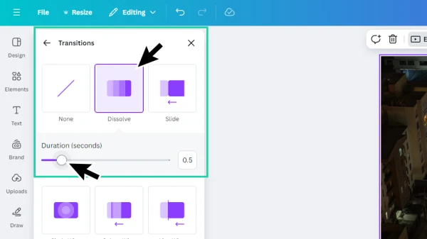 setting dissolve as transition and adjusting effect duration in canva