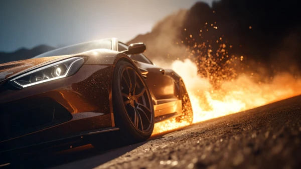 dramatic cinematic image of a car chase with a tilted horizon line in photoshop