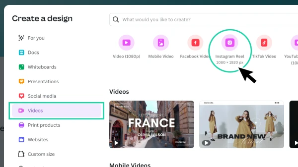 selecting Instagram reel format to create a new video design in canva