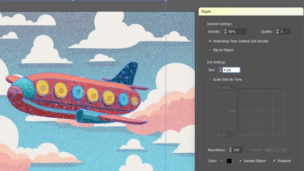applying a stipple effect to a vector airplane with stipplism plugin in illustrator