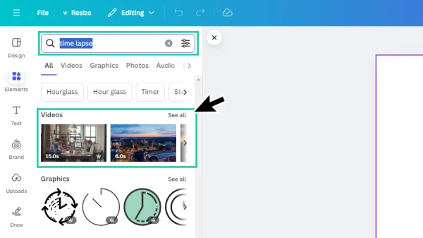 time lapse elements search with video option highlighted in canva