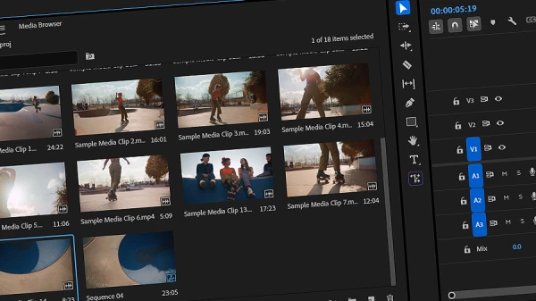 skateboard performer footage clips and view of timeline layers in premiere pro