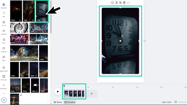 video of a clock previewed across project page and timeline in canva
