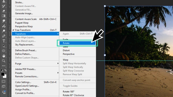 rotate command highlighted in the transform menu in photoshop