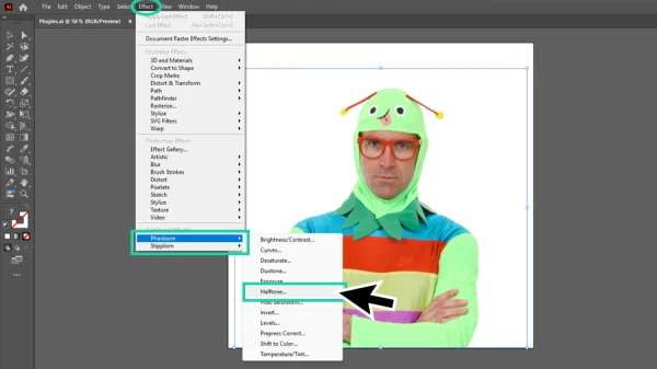 phantasm halftone plugin highlighted in the effect menu in illustrator
