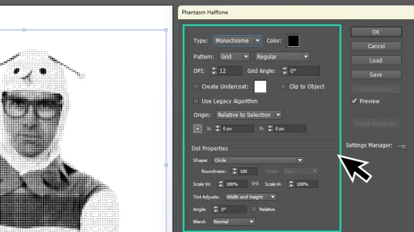 phantasm halftone settings panel in illustrator