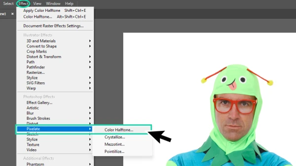 color halftone effect highlighted in the effect menu in illustrator