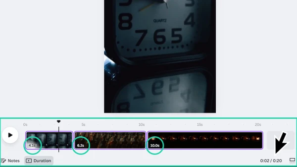 timeline details of video pages and timing counter in canva