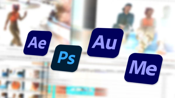 adobe app logos hovering over a video editing blurry background