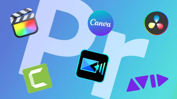 video editing program logos hovering over premiere pro logo background