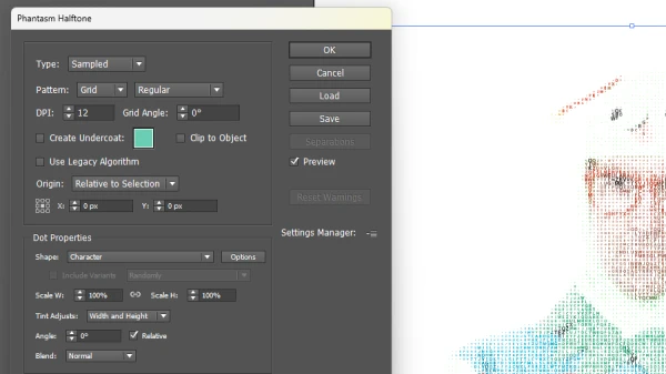setting phantasm dot properties to character shape in illustrator